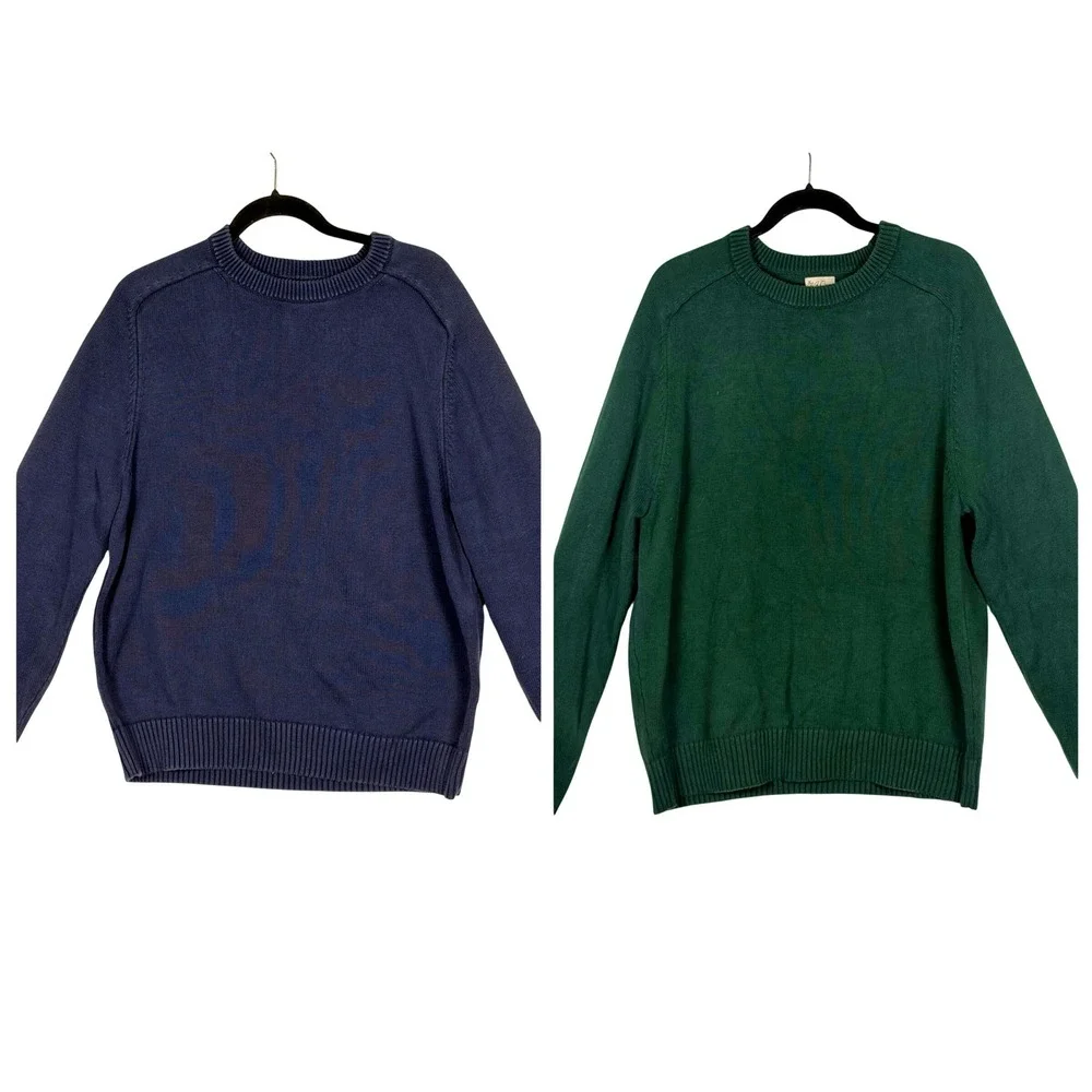 Lot of 2 J. Crew Mens XL Cotton Crewneck Sweaters Navy Blue Forest Green Solid
